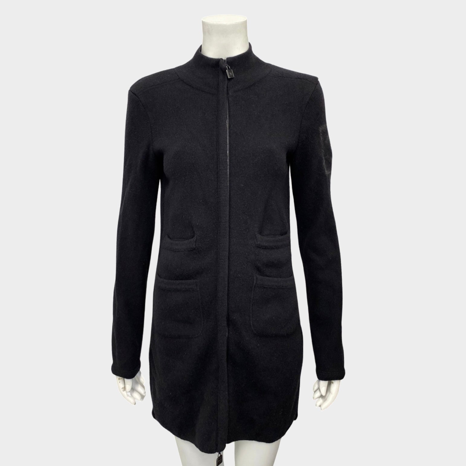 Chanel Women's Black Wool Long Zip-up Cardigan with CC logo – Loop ...