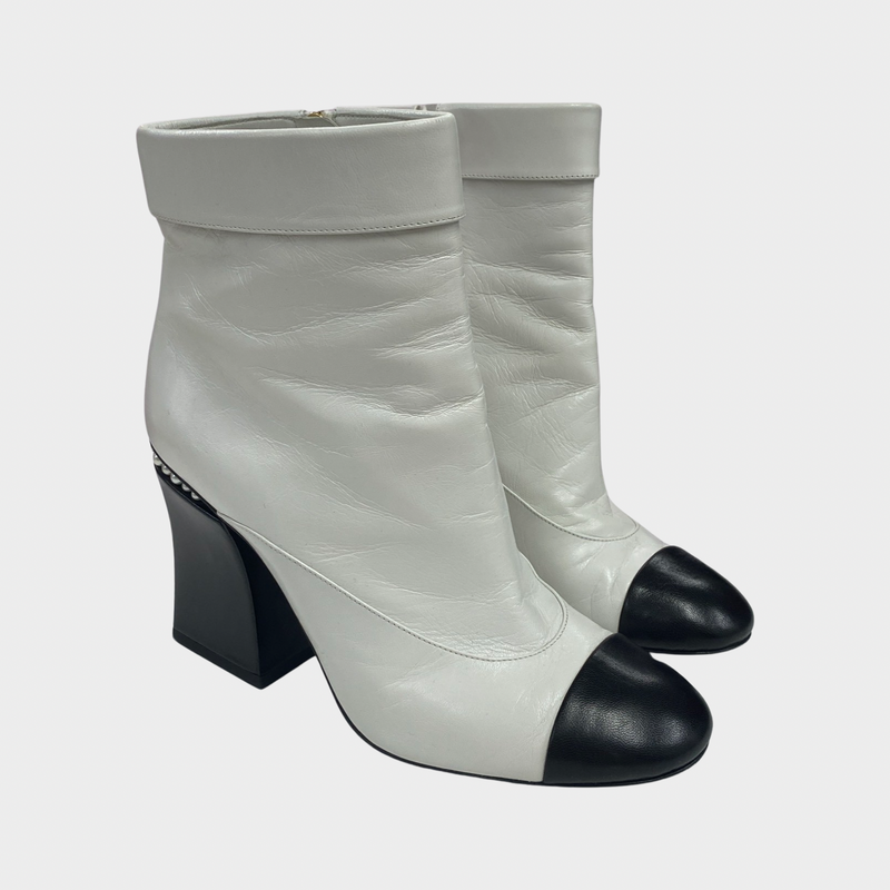 Chanel women's white leather boots with pearl heel details