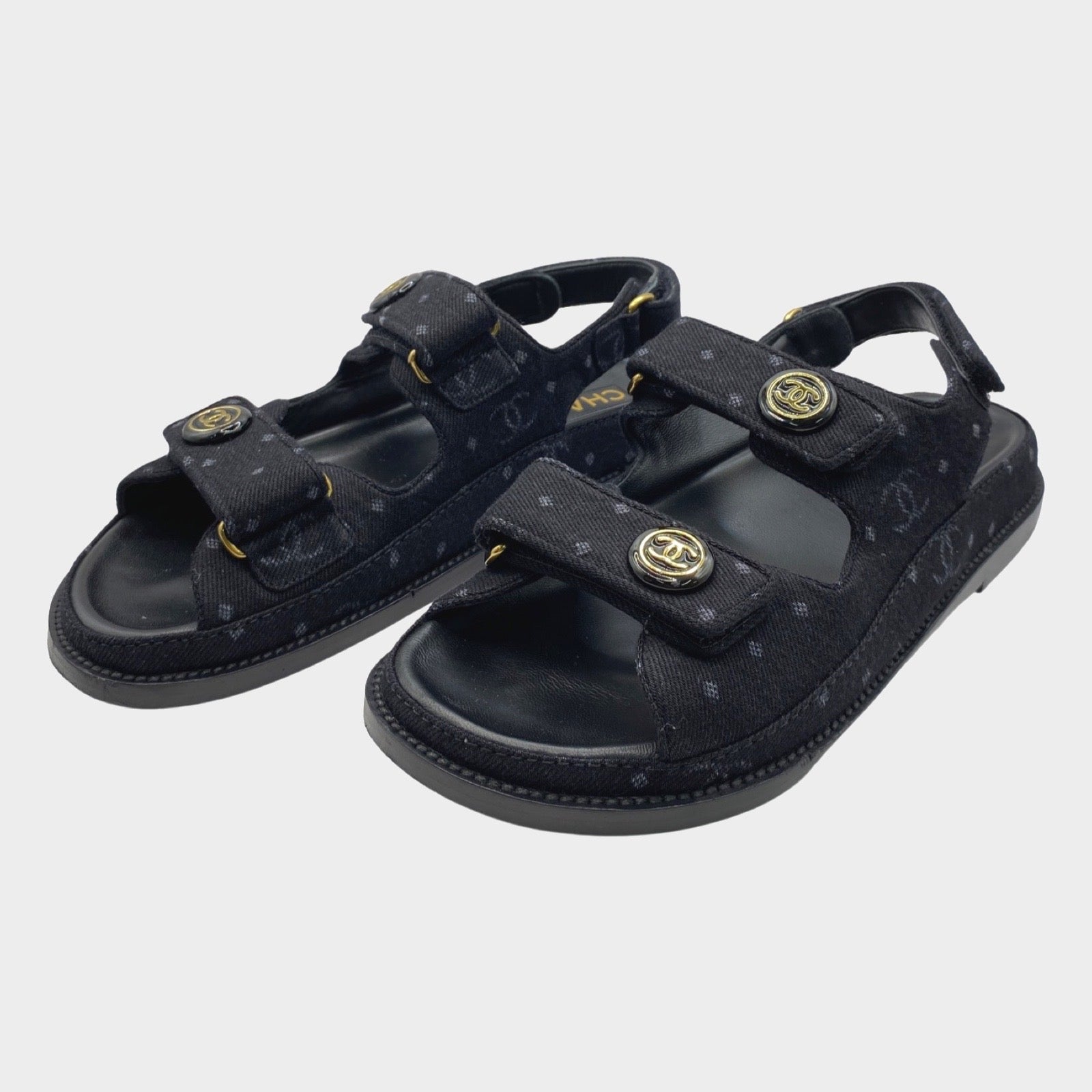 Chanel women s black CC logo Dad s sandals with gold buttons