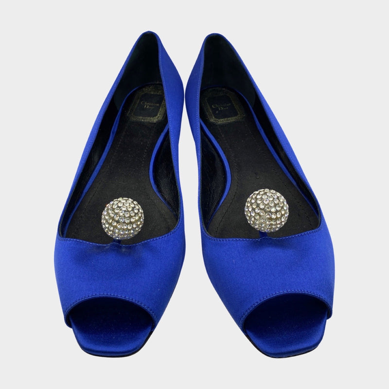 Christian Dior blue satin embellished disco-ball detail ballet flats