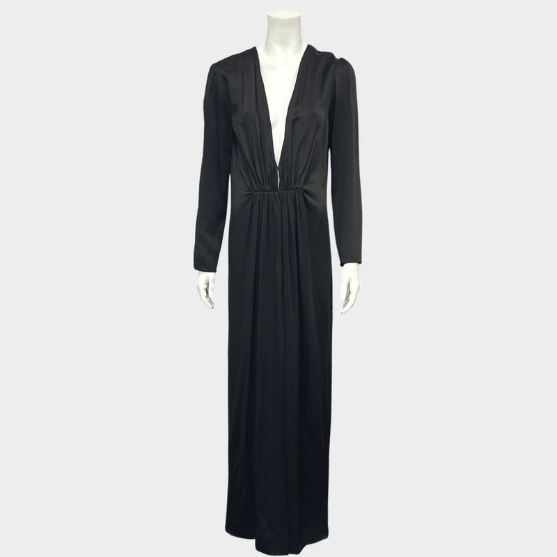 Saint Laurent black silk long sleeves maxi dress with drapes at the front