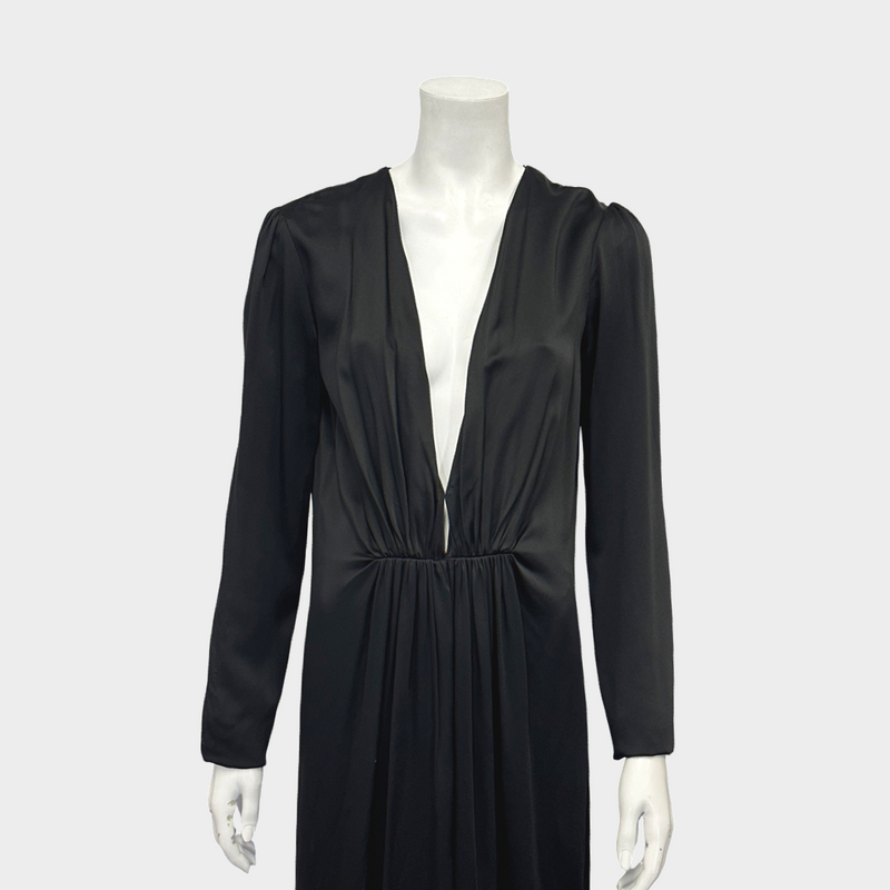 Saint Laurent black silk long sleeves maxi dress with drapes at the front