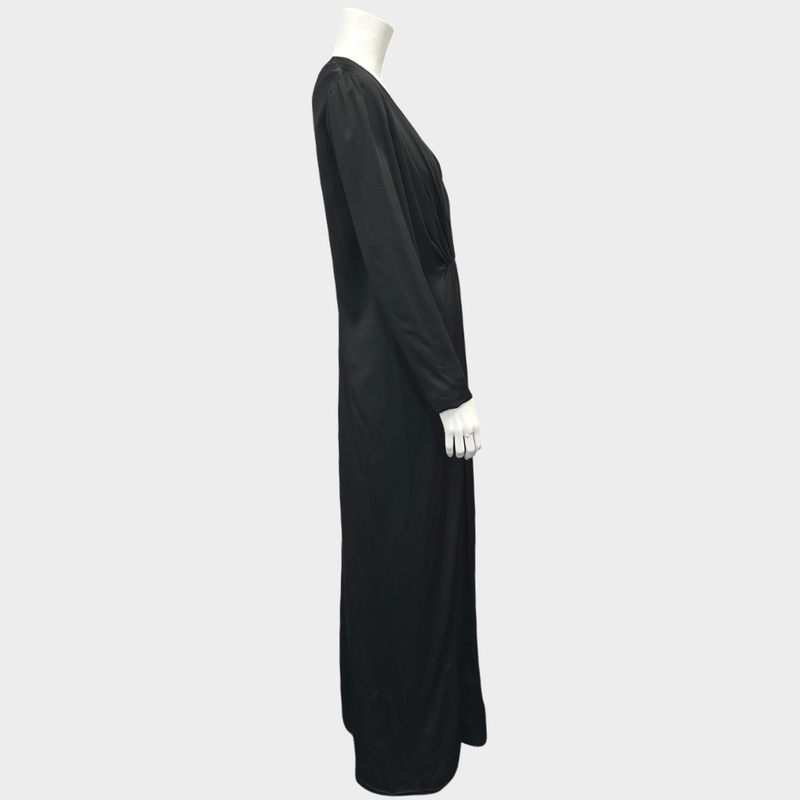 Saint Laurent black silk long sleeves maxi dress with drapes at the front