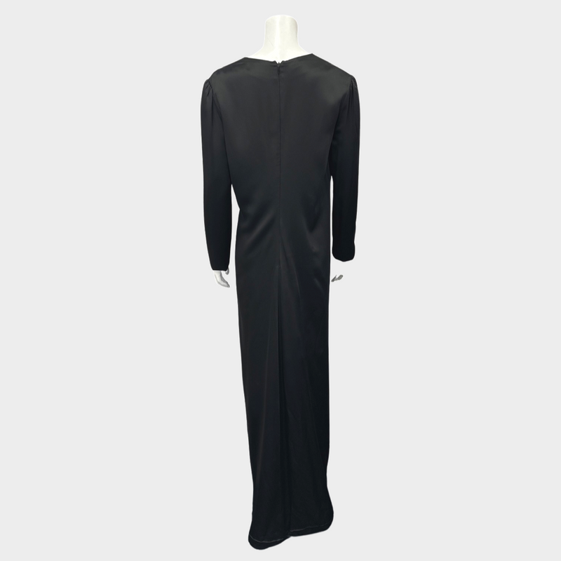 Saint Laurent black silk long sleeves maxi dress with drapes at the front