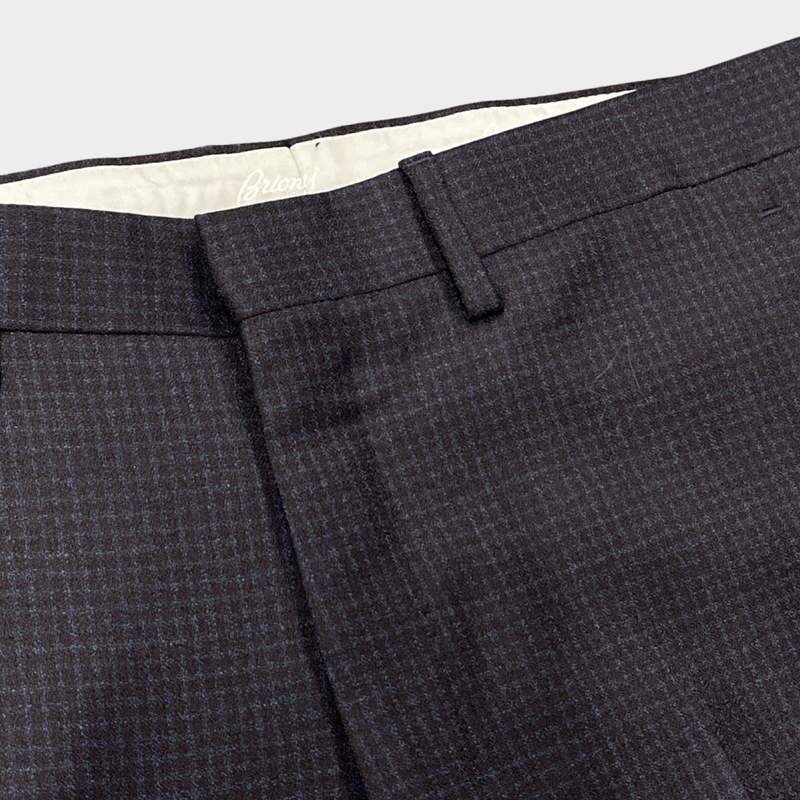 Brioni men's navy wool checked trousers