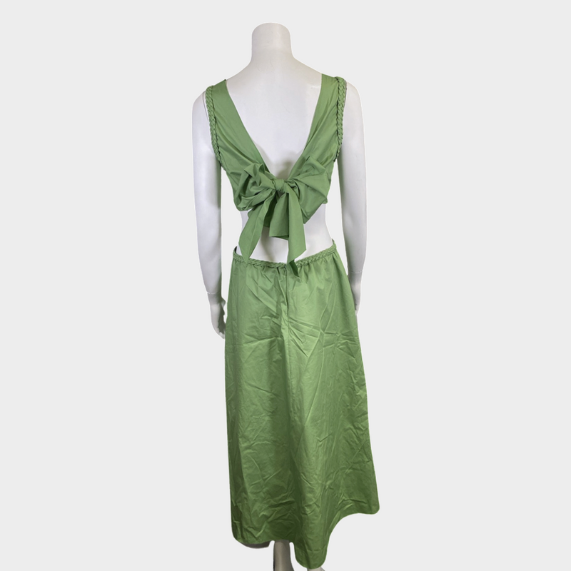 Johanna Ortiz green cotton Rowboat cutout midi dress with wooden-effect circle detail