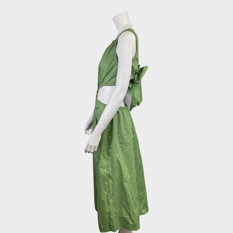 Johanna Ortiz green cotton Rowboat cutout midi dress with wooden-effect circle detail