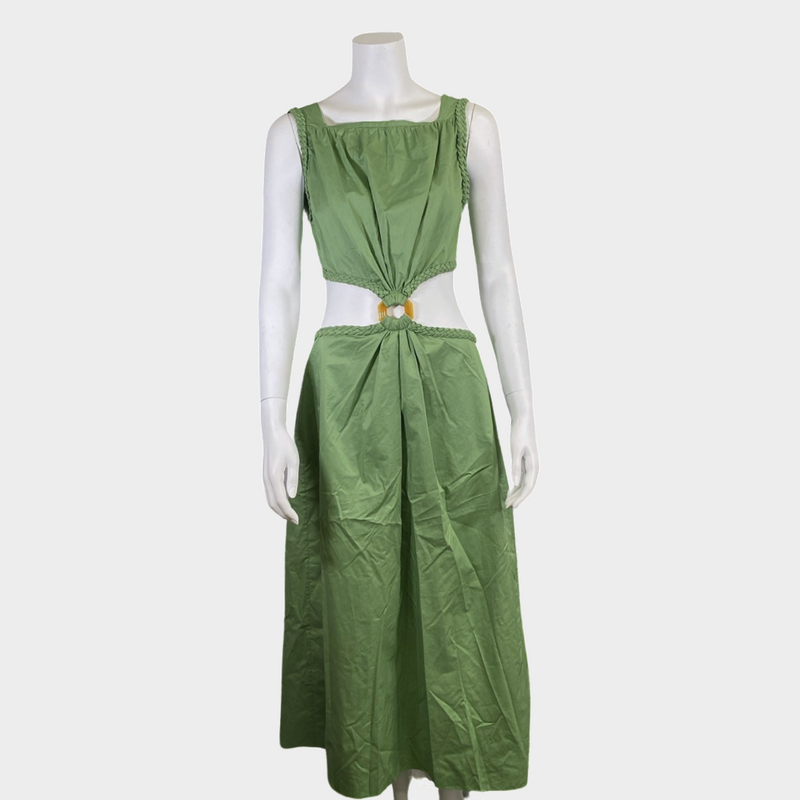 Johanna Ortiz green cotton Rowboat cutout midi dress with wooden-effect circle detail