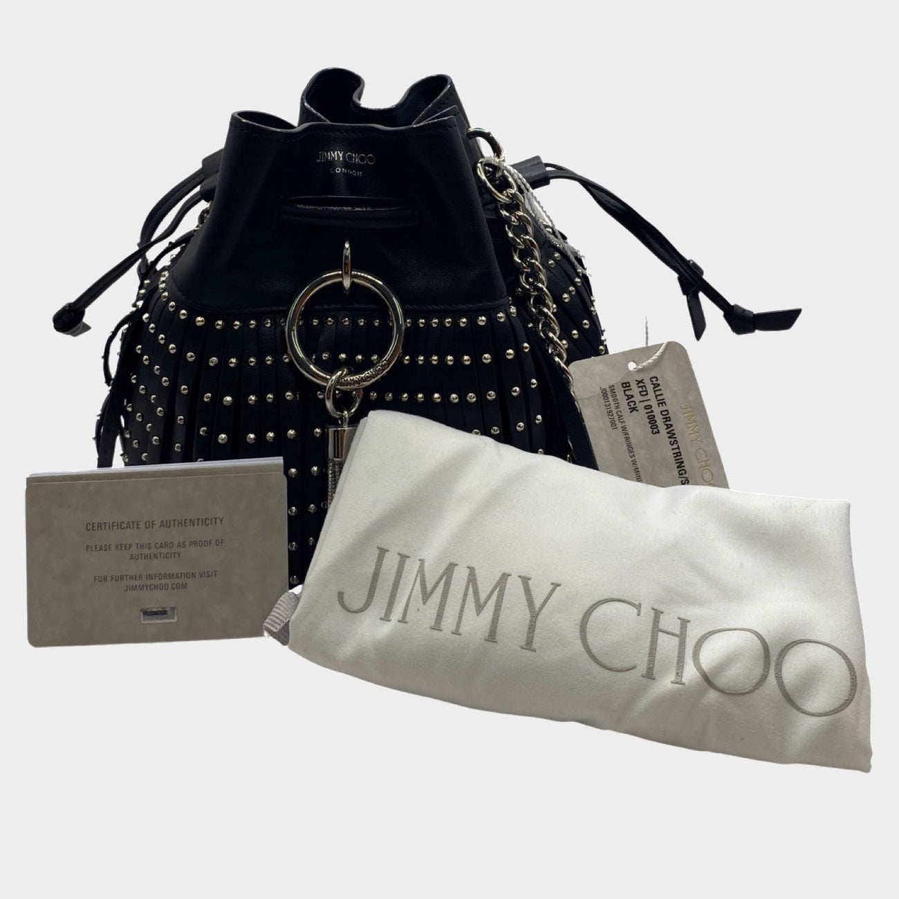 Jimmy Choo black leather Callie drawstring fringed studded bag on 
