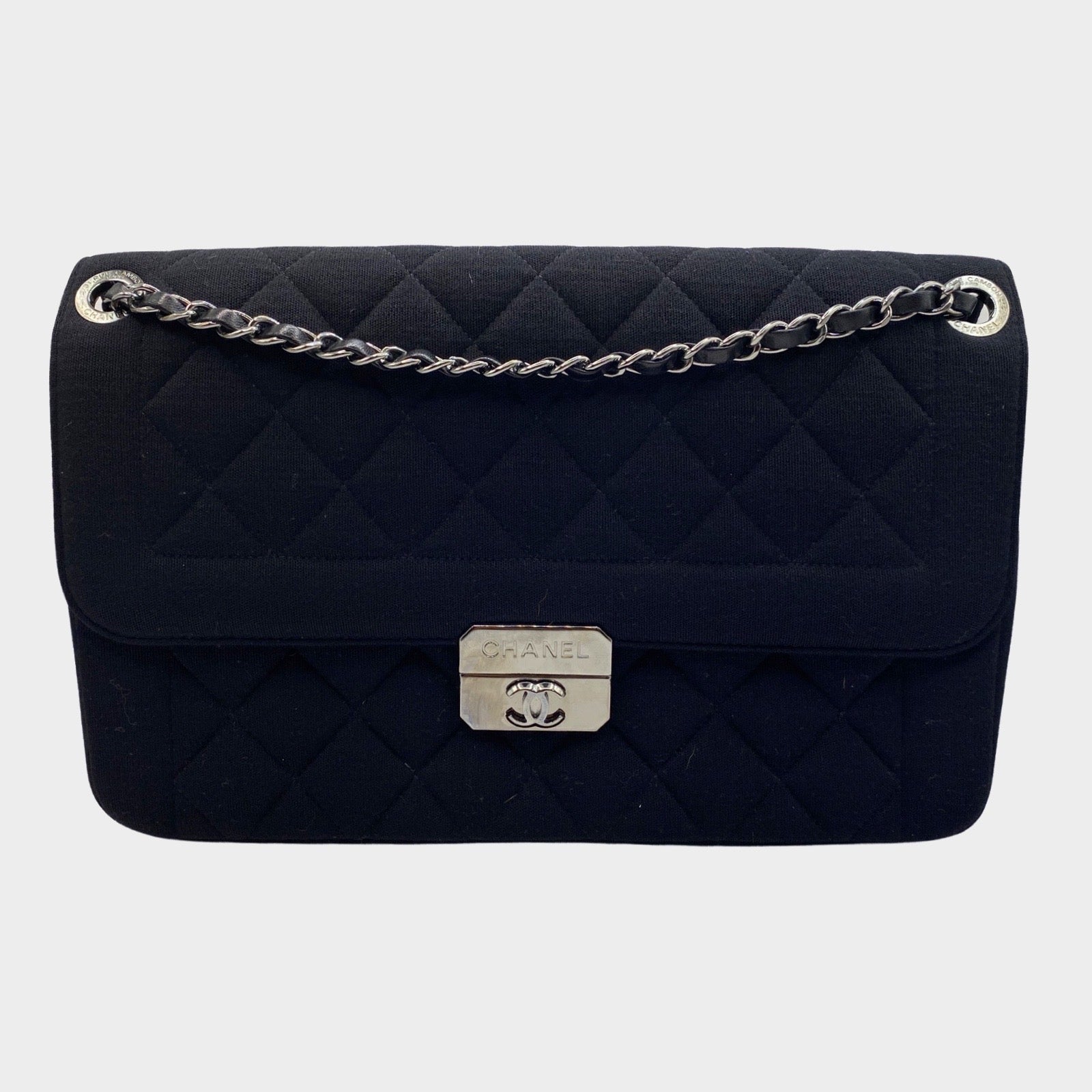 Chanel women s black quilted fabric classic Flap handbag Loop