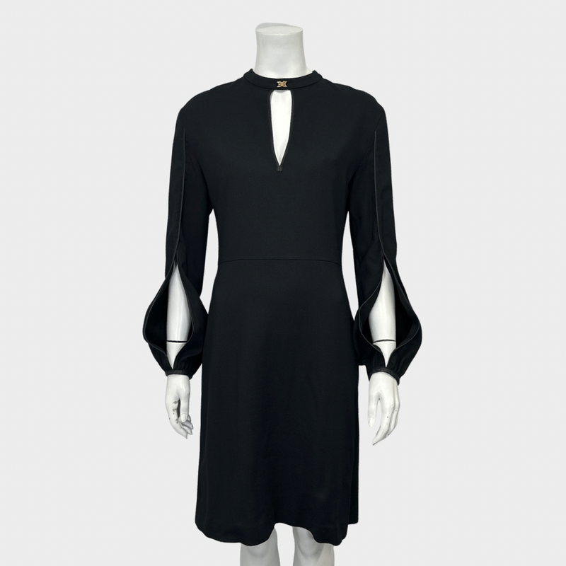 BALLY women's black viscose long-sleeved dress with leather hems on the cuts