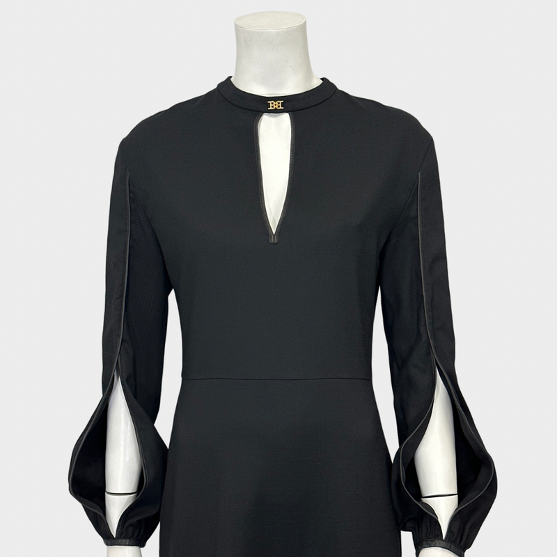 BALLY women's black viscose long-sleeved dress with leather hems on the cuts