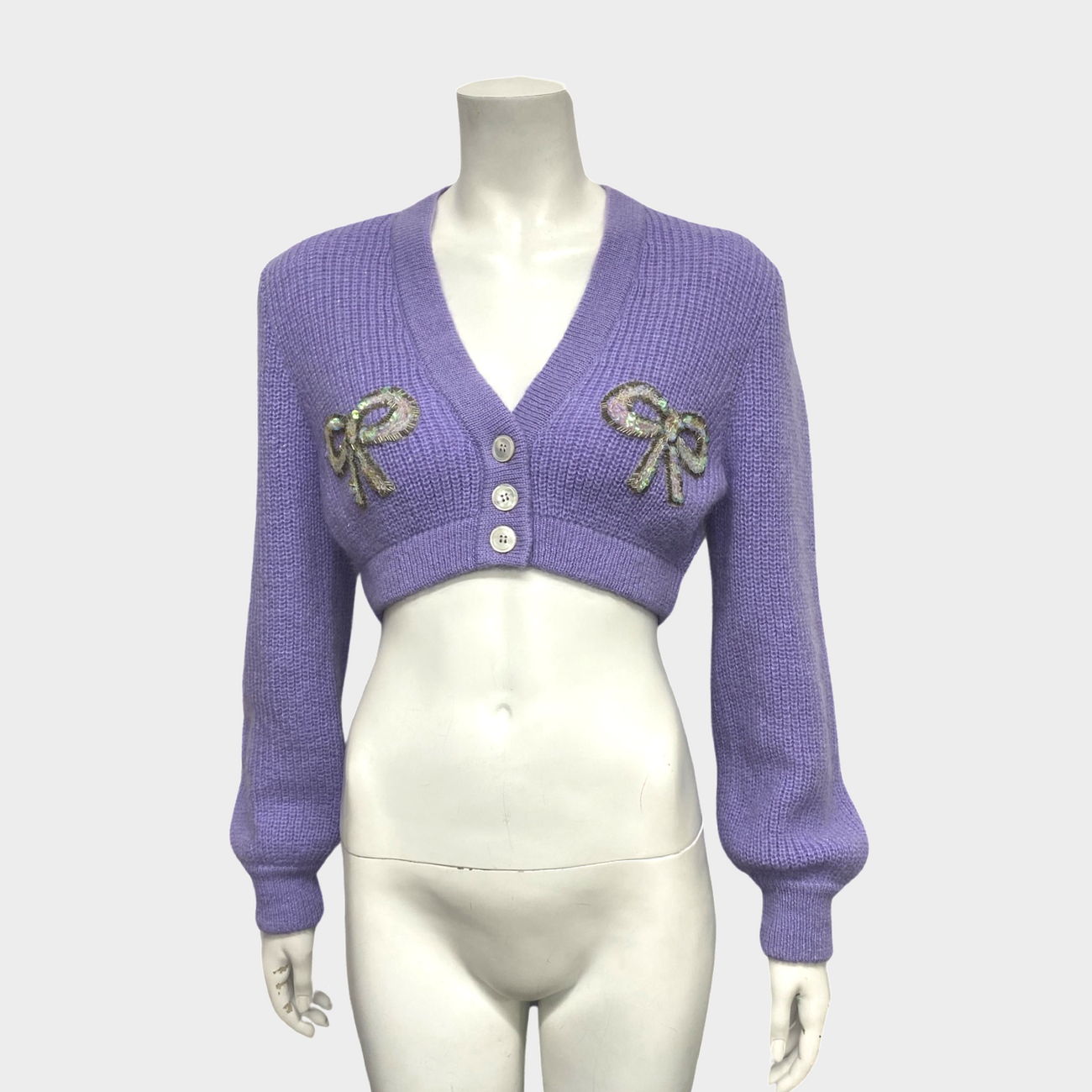 Alessandra Rich women s lilac mohair cropped cardigan with bows