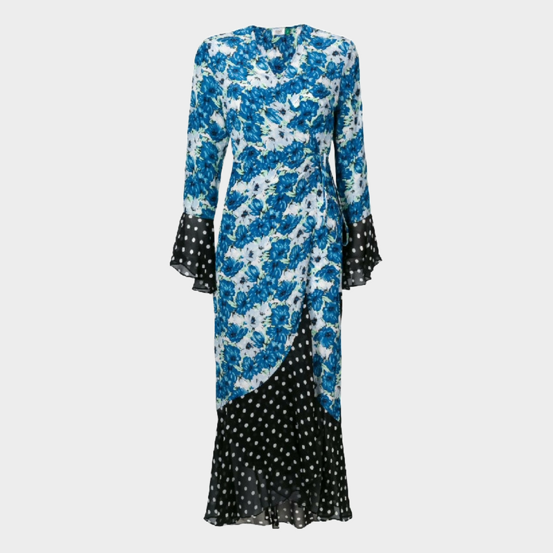 Rixo blue floral print silk Luna wrap dress