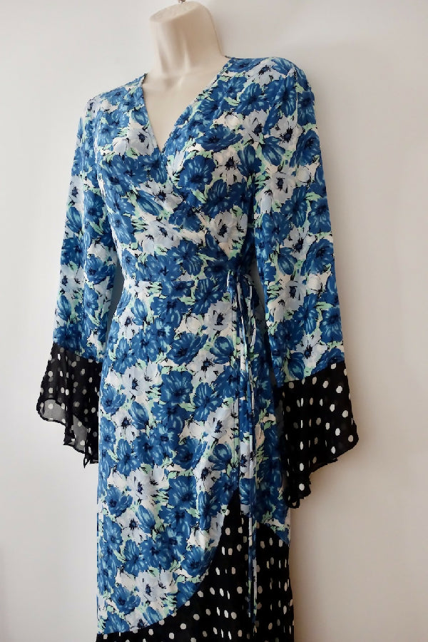 Rixo blue floral print silk Luna wrap dress