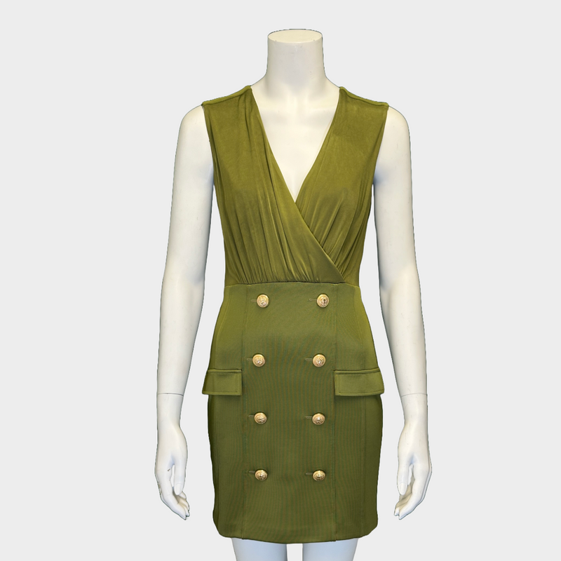 Balmain khaki viscose sleeveless buttoned mini dress