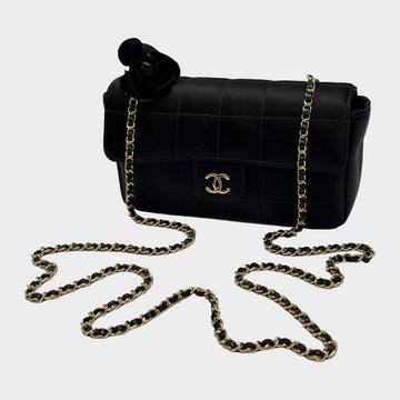 Chanel women s black satin mini flap camellia handbag Loop Generation