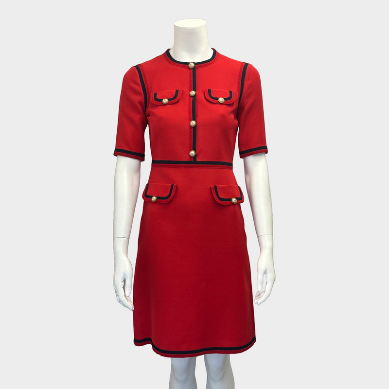 Gucci women's red wool blend buttoned dress with grosgrain ribbon trims