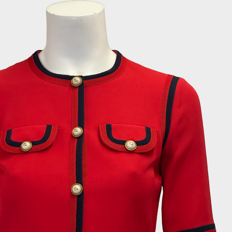 Gucci women's red wool blend buttoned dress with grosgrain ribbon trims