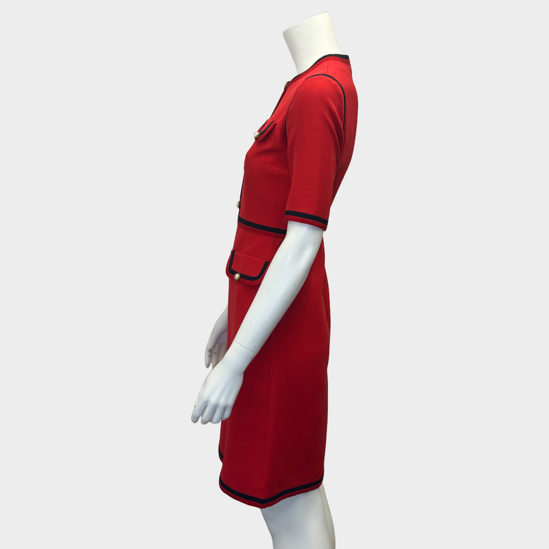 Gucci women's red wool blend buttoned dress with grosgrain ribbon trims