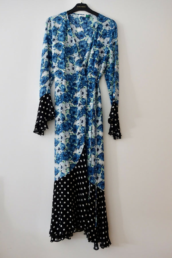 Rixo blue floral print silk Luna wrap dress