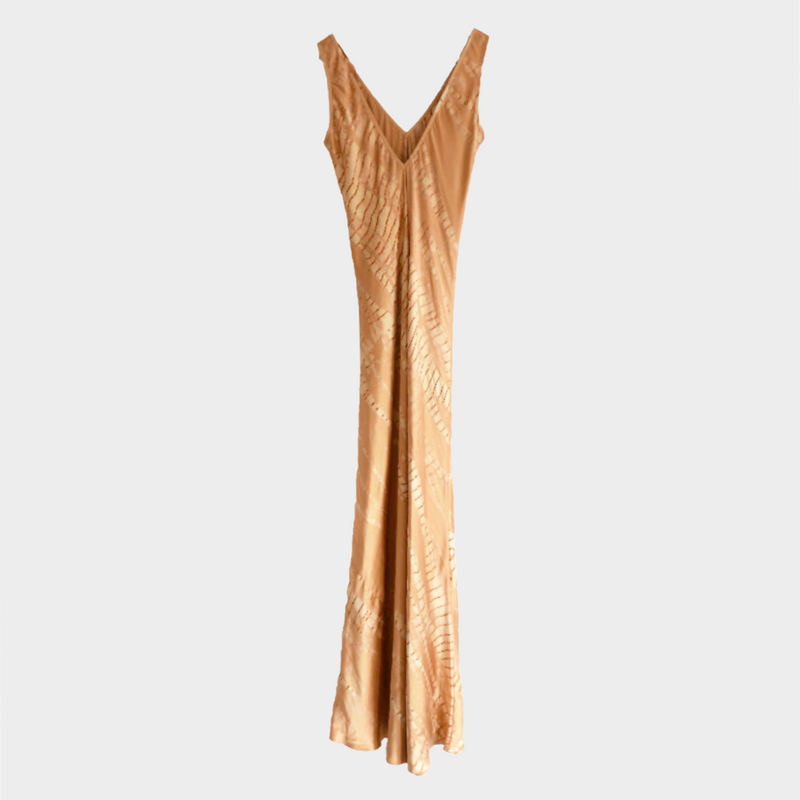 VOZ gold tie dye silk charmeuse double V dress