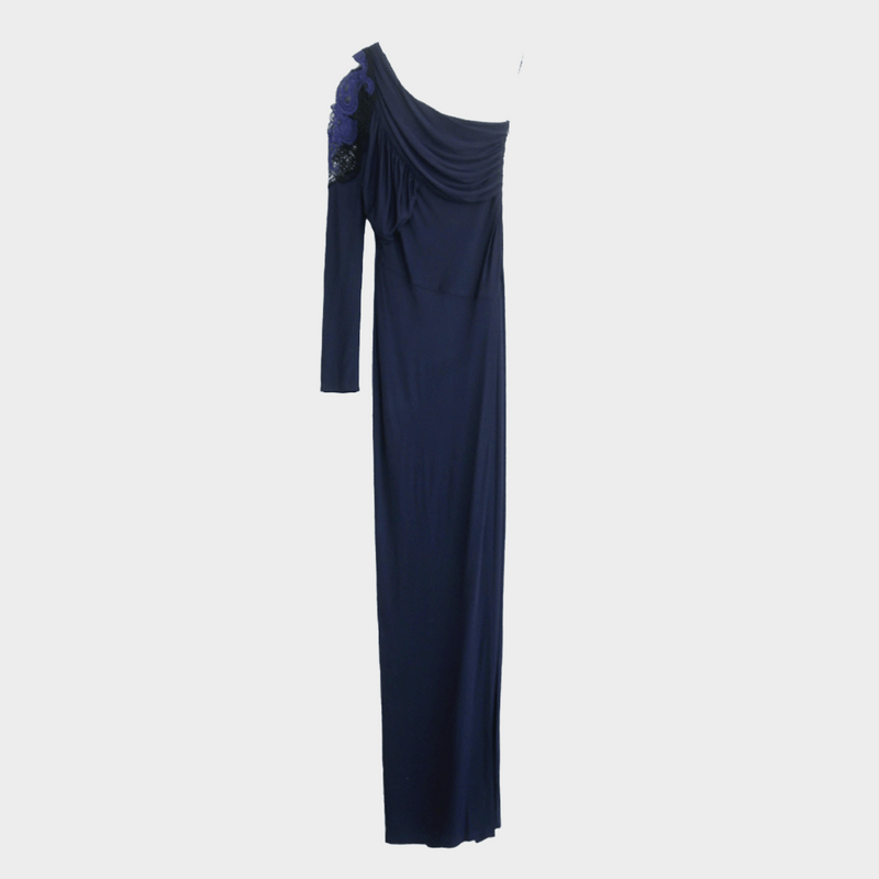 Yigal Azrouel women's navy lace and jersey one-shoulder evening dress