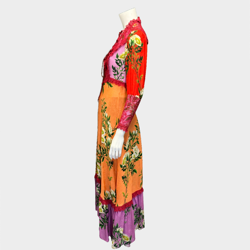 Gucci women's multicoloured flower print patchwork maxi dress with lace detail