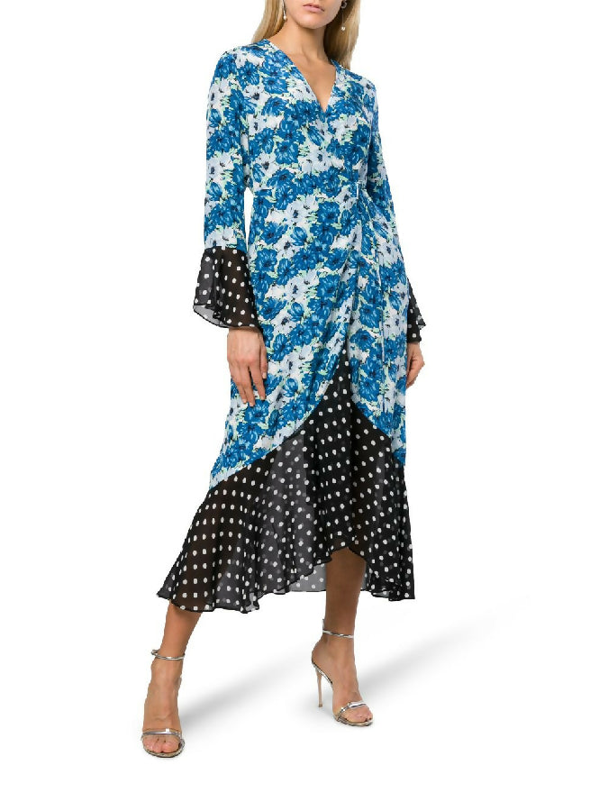 Rixo blue floral print silk Luna wrap dress