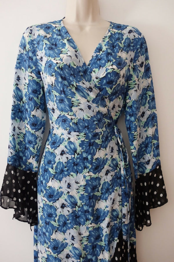 Rixo blue floral print silk Luna wrap dress