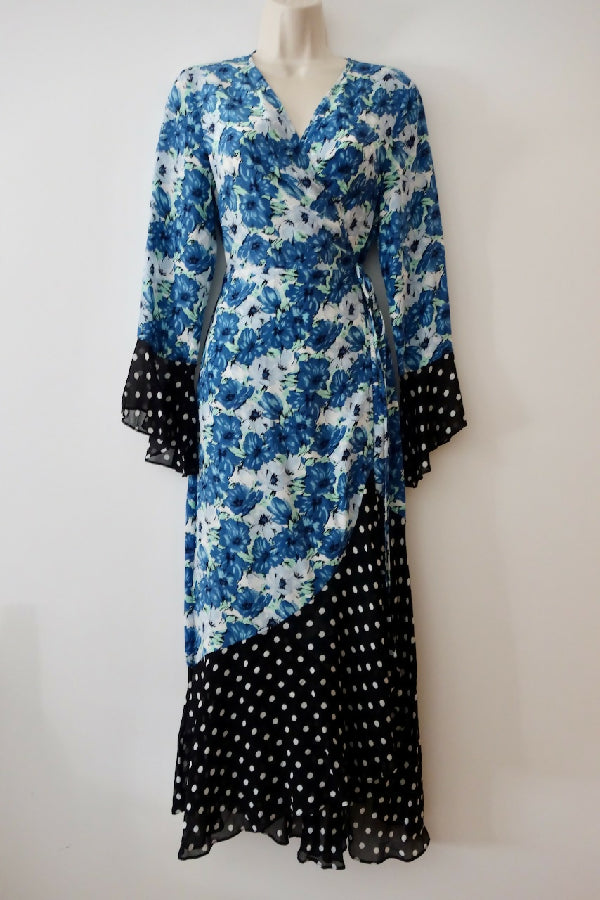 Rixo blue floral print silk Luna wrap dress