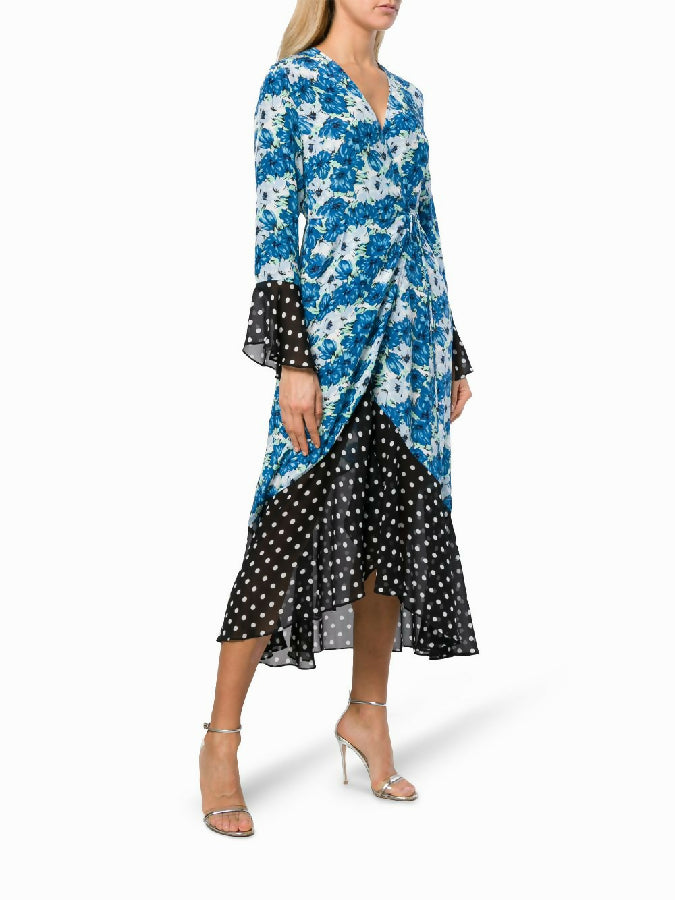 Rixo blue floral print silk Luna wrap dress