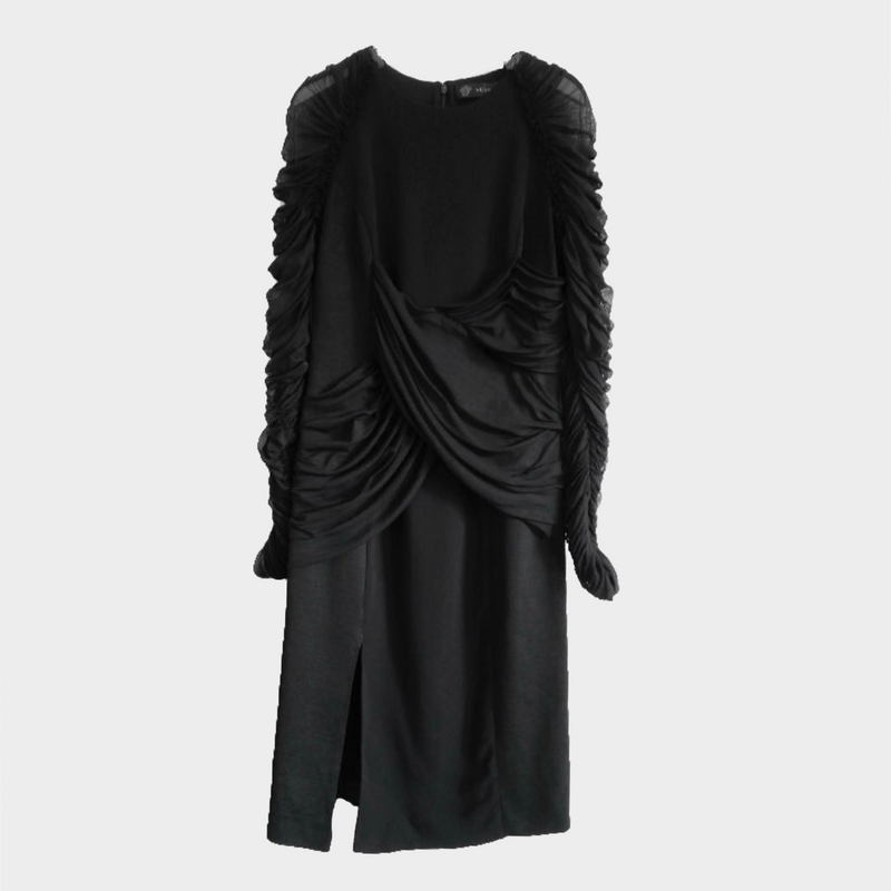 Versace black tulle ruched sleeved dress