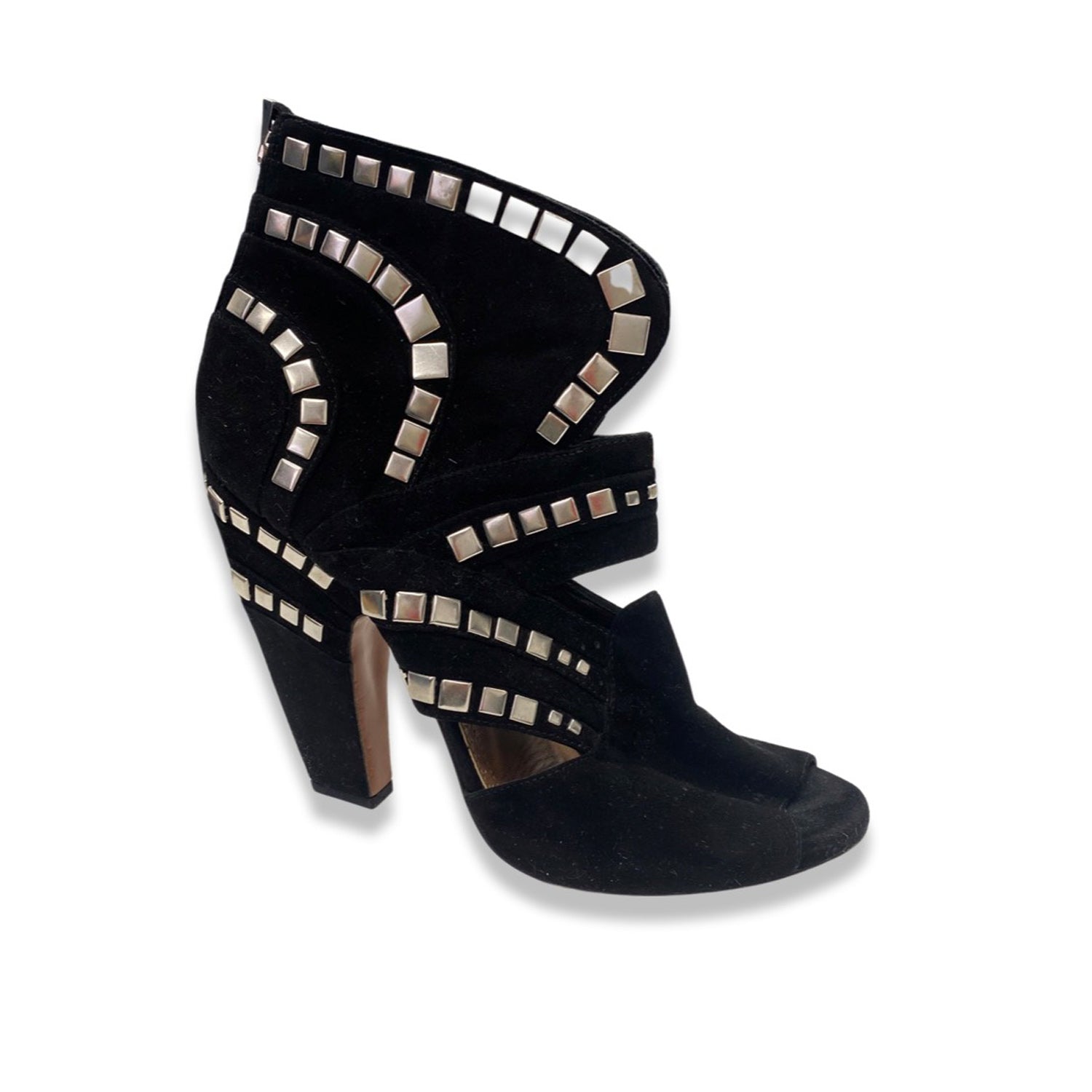 ALAÏA black and silver studded open toe heeled ankle boots | Size 