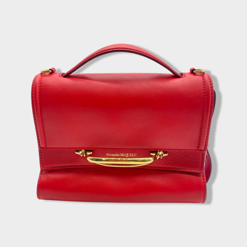 pre-owned ALEXANDER MCQUEEN red leather belted handbag with gold hardware