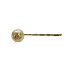 second-hand CHANEL gold CC logo pearl hair clip 