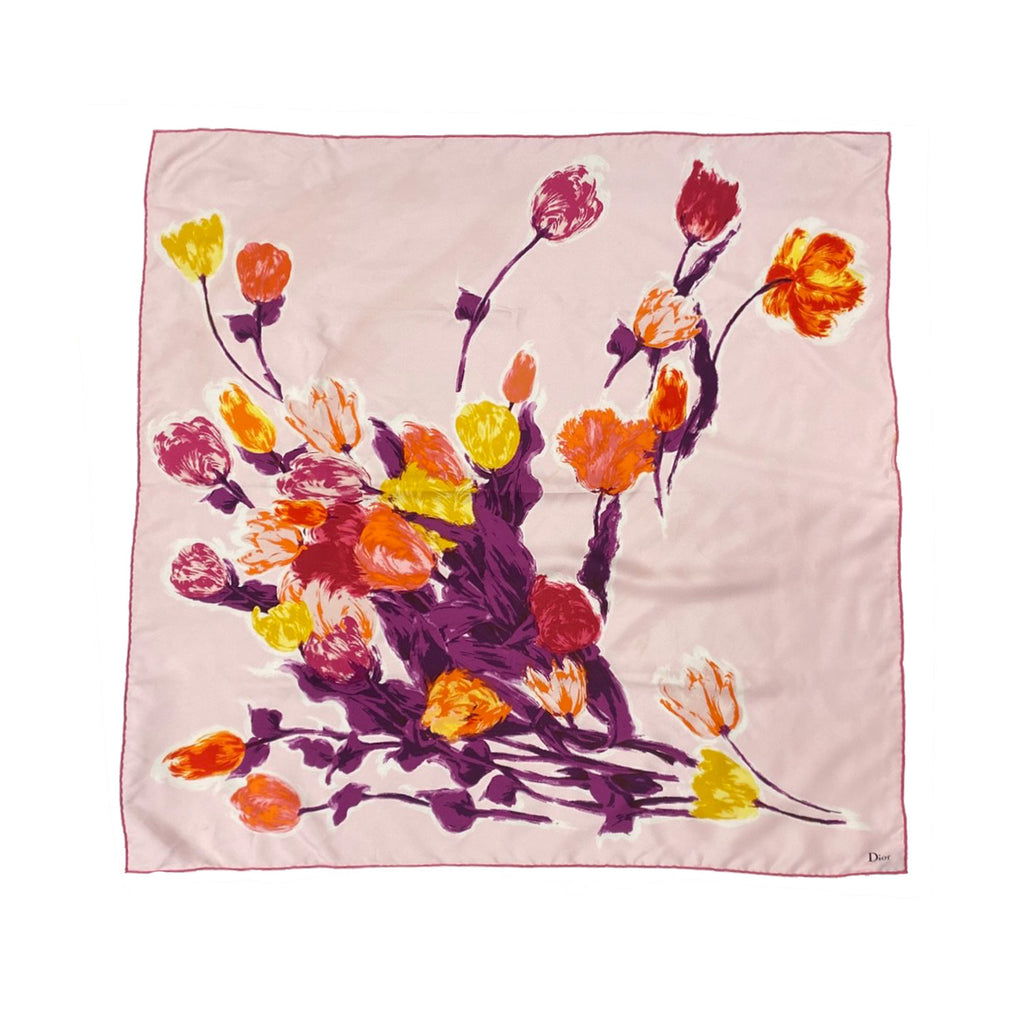 Dior Pink Floral Print Square Silk Scarf Dior