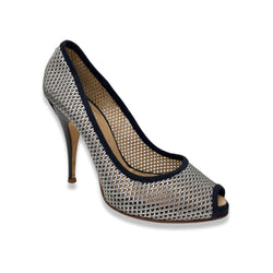 pre-owned GIUSEPPE ZANOTTI silver and navy mesh patent leather open toe pumps | Size 39