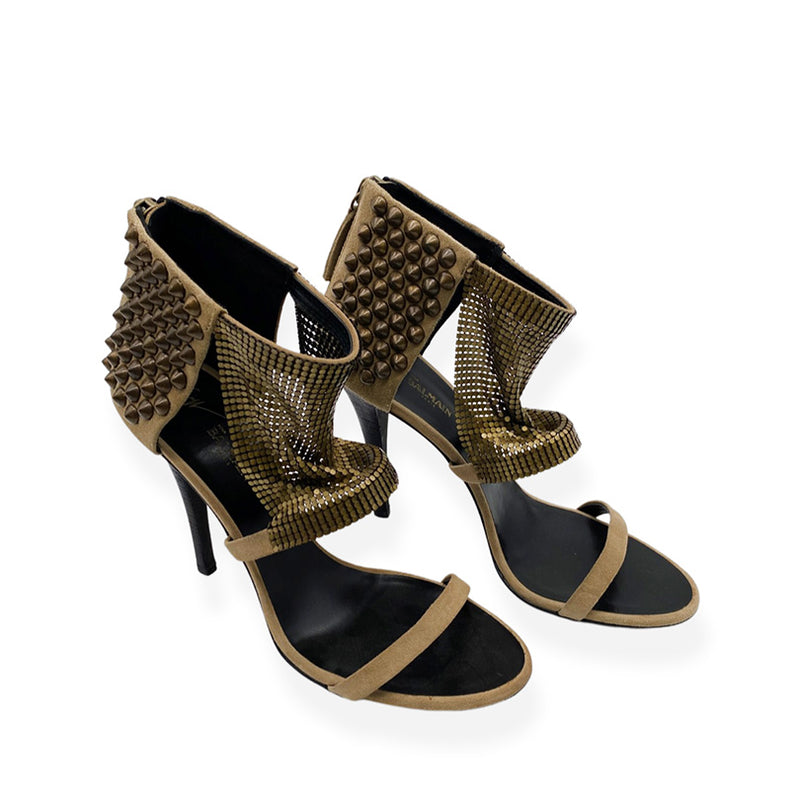 pre-loved GIUSEPPE ZANOTTI X BALMAIN taupe suede heels with metal studs