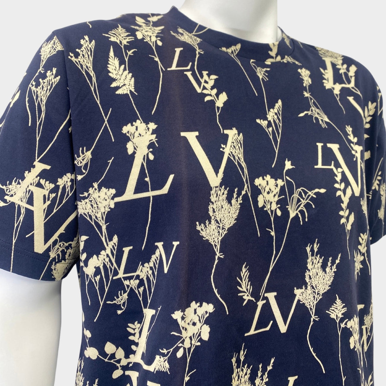 Louis Vuitton Navy Blue Leaf Discharge Printed Cotton Crewneck T-Shirt L