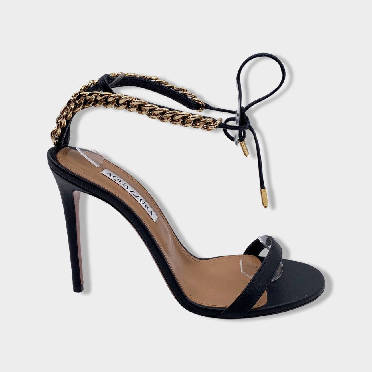 AQUAZZURA black and gold chain leather sandal heels – Loop 