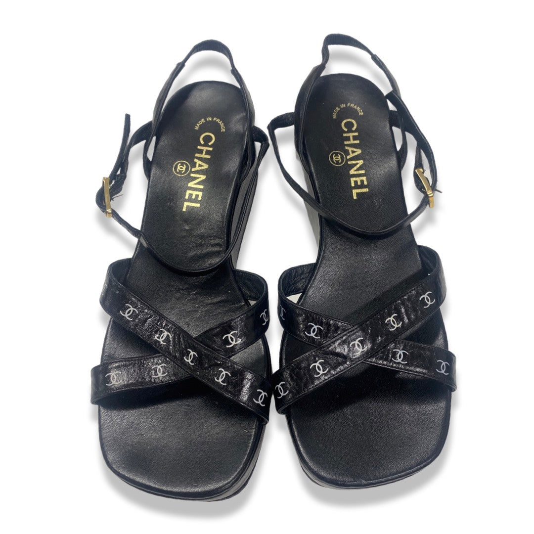 CHANEL black CC logo leather platform sandals | Size 38 – Loop 