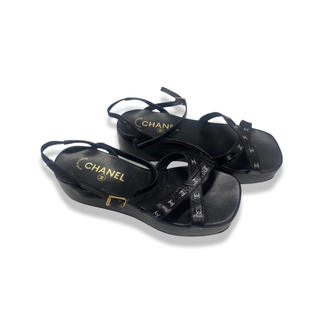 CHANEL black CC logo leather platform sandals | Size 38 – Loop 