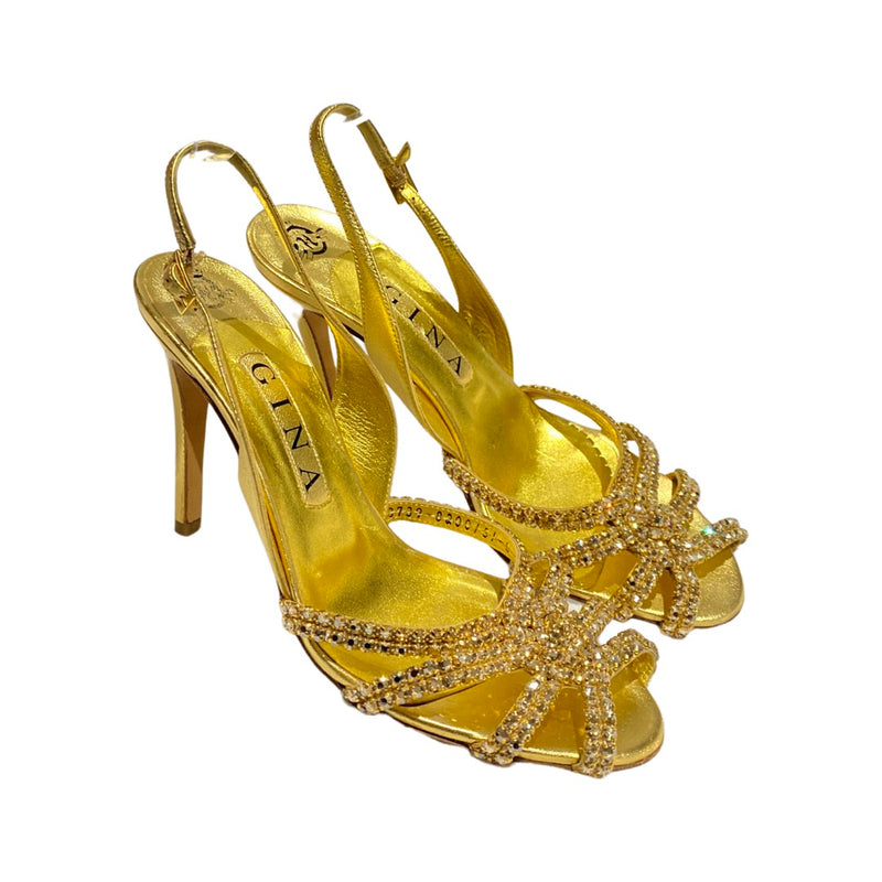 second-hand GINA gold leather sling-back heels with rhinestones | Size 39