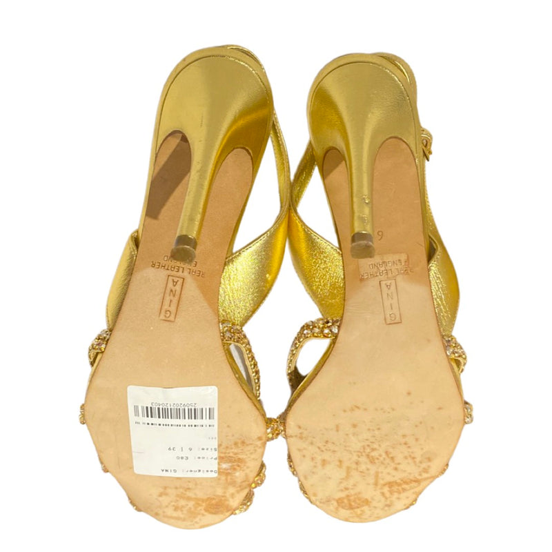 GINA gold leather sling-back heels with rhinestones
