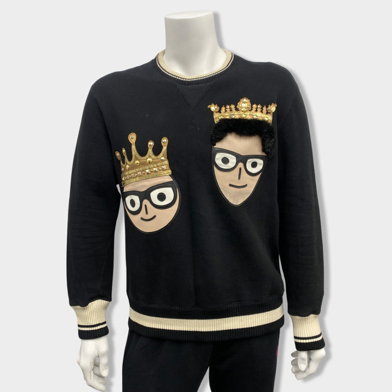 pre-owned DOLCE&GABBANA black and gold crown-embroidered sweatshirt | IT48