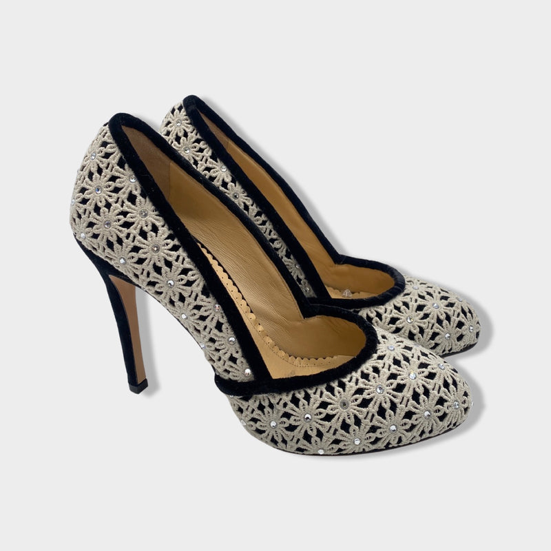 CHARLOTTE OLYMPIA black and white velvet pumps with rhinestones