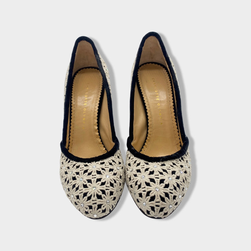 CHARLOTTE OLYMPIA black and white velvet pumps with rhinestones