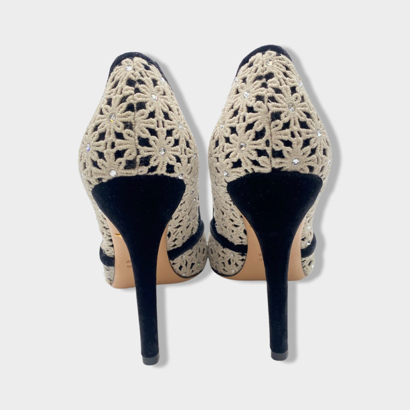 CHARLOTTE OLYMPIA black and white velvet pumps with rhinestones