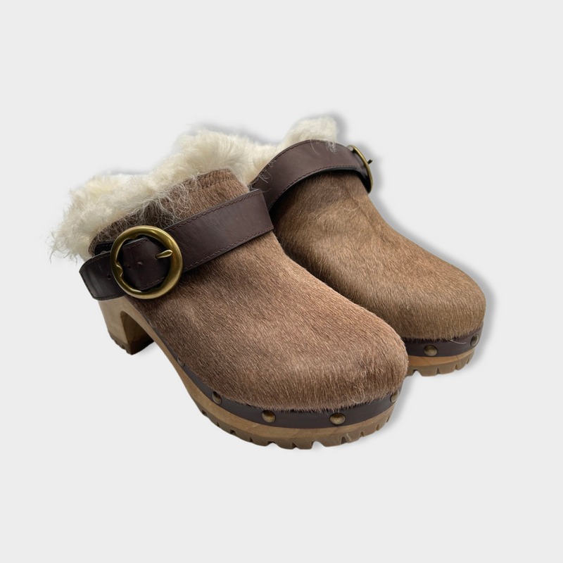 RALPH LAUREN brown shearling clogs